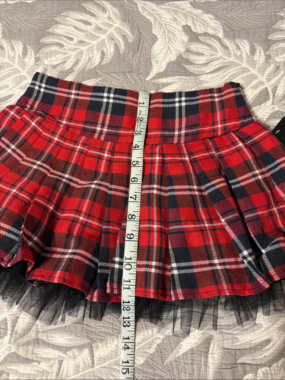 Red Plaid Pleated Mini Skirt with Black Tulle Hem